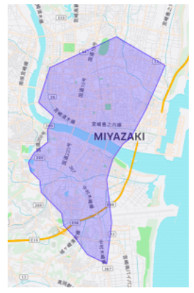 宮崎市エリアの範囲の地図画像