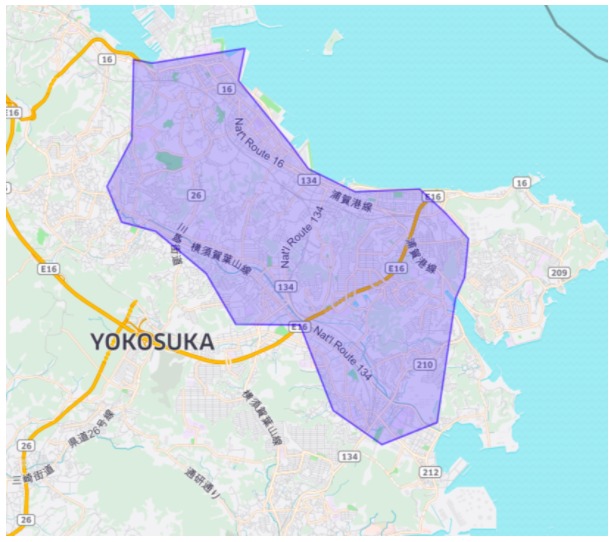 横須賀市エリアの範囲の地図画像