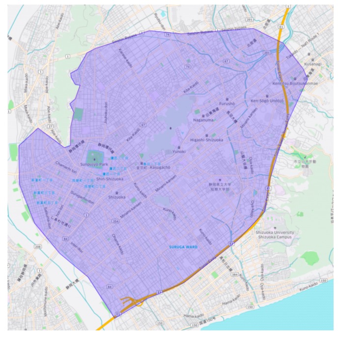 静岡市駿河区・葵区エリアの範囲の地図画像