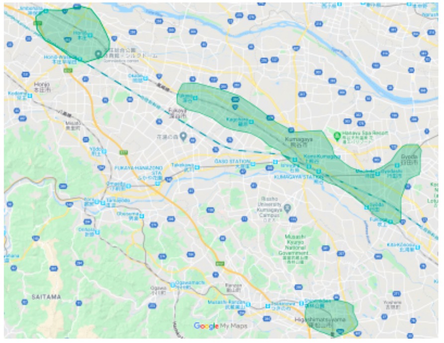 熊谷市エリアの範囲の地図画像