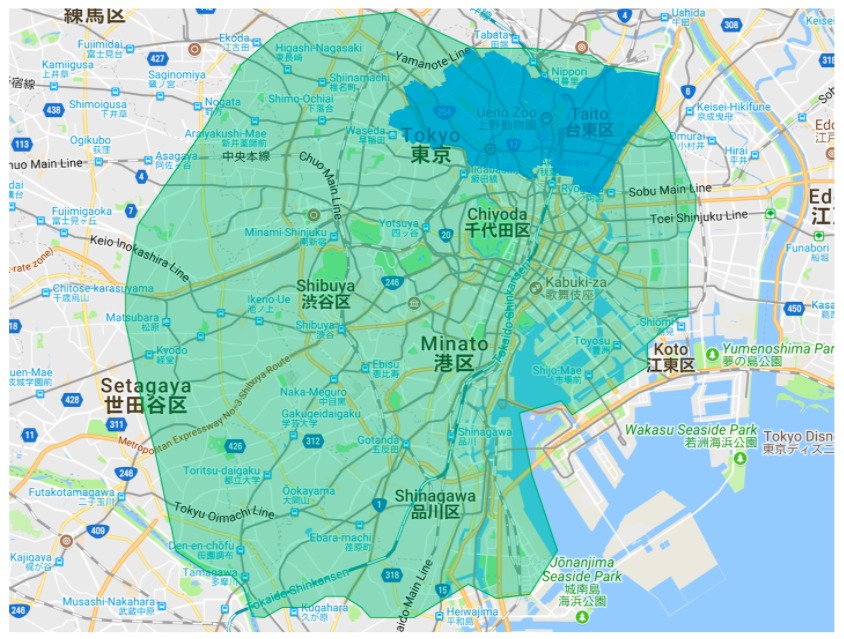 台東区エリアの範囲の地図画像