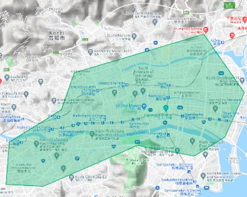 高知県高知市エリアの範囲の地図画像