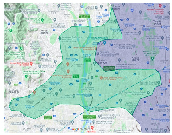 厚木市エリアの範囲の地図画像