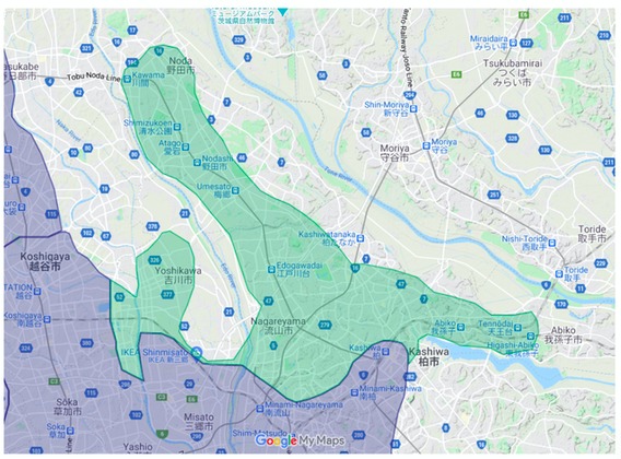 野田市エリアの範囲の地図画像