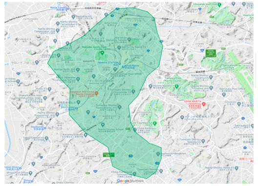 成田市エリアの範囲の地図画像