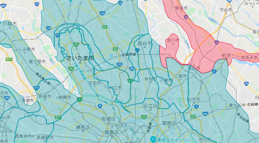 吉川市エリアの範囲の地図画像