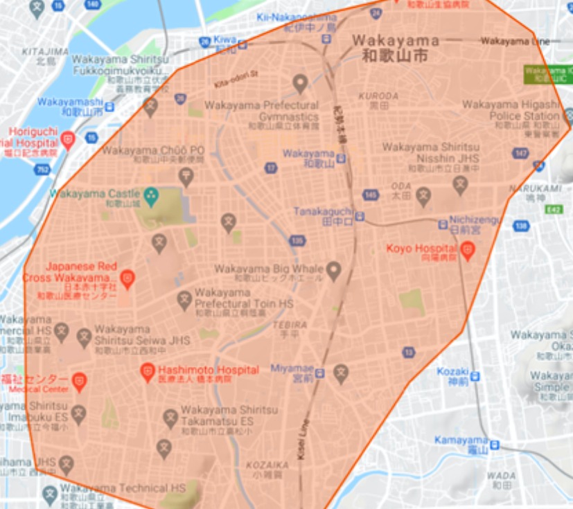 和歌山市エリアの範囲の地図画像