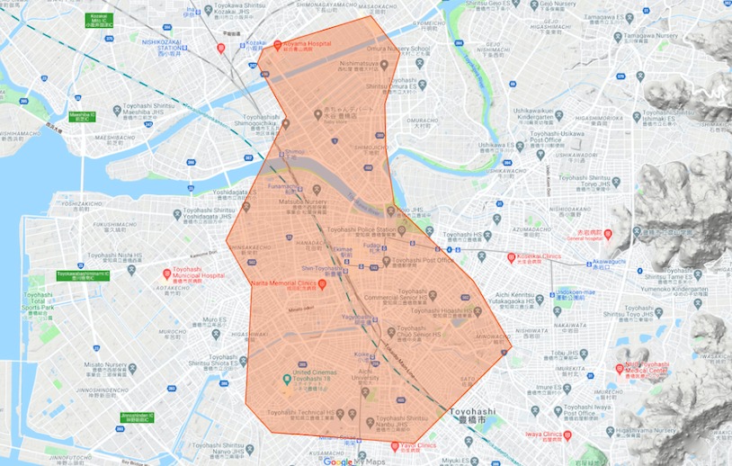 豊橋市エリアの範囲の地図画像