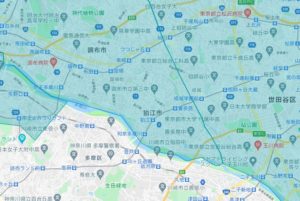 狛江市エリアの範囲の地図画像