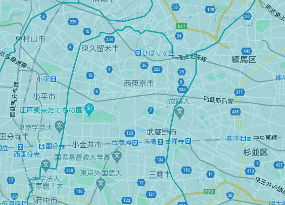 西東京市エリアの範囲の地図画像