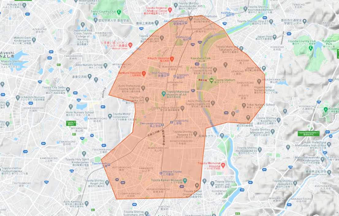 豊田市エリアの範囲の地図画像