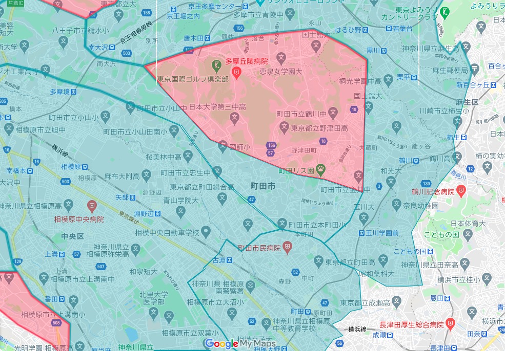 町田市エリアの範囲の地図画像