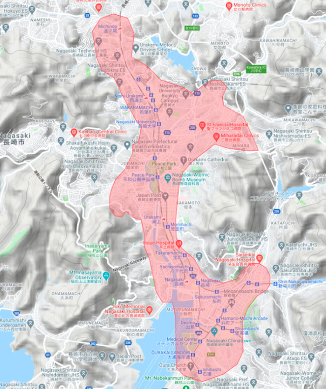 長崎市エリアの範囲の地図画像