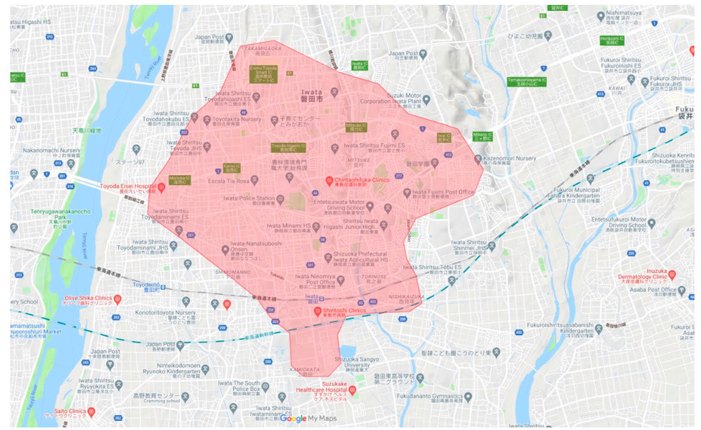 磐田市エリアの範囲の地図画像