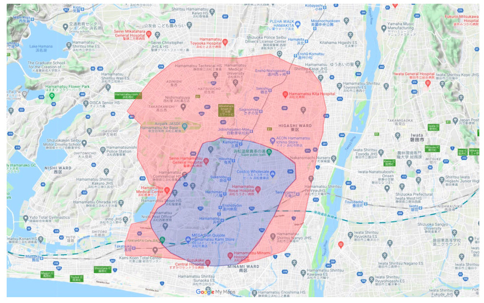 浜松市エリアの範囲の地図画像