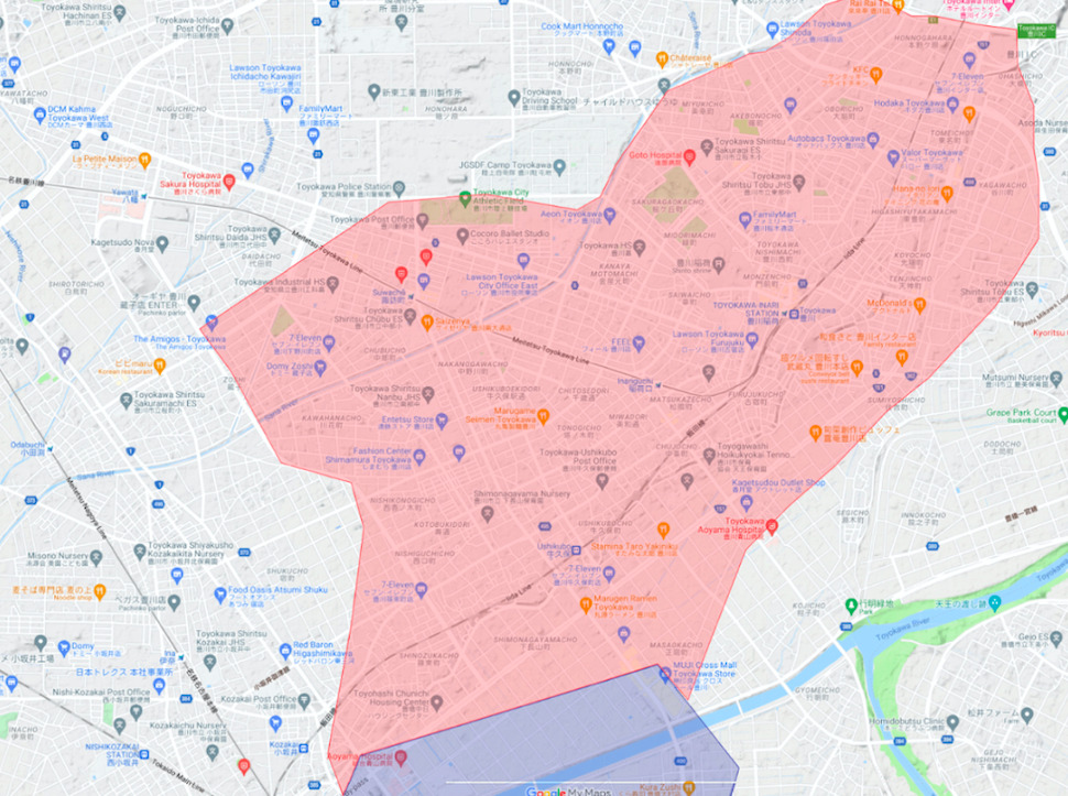 豊川市エリアの範囲の地図画像