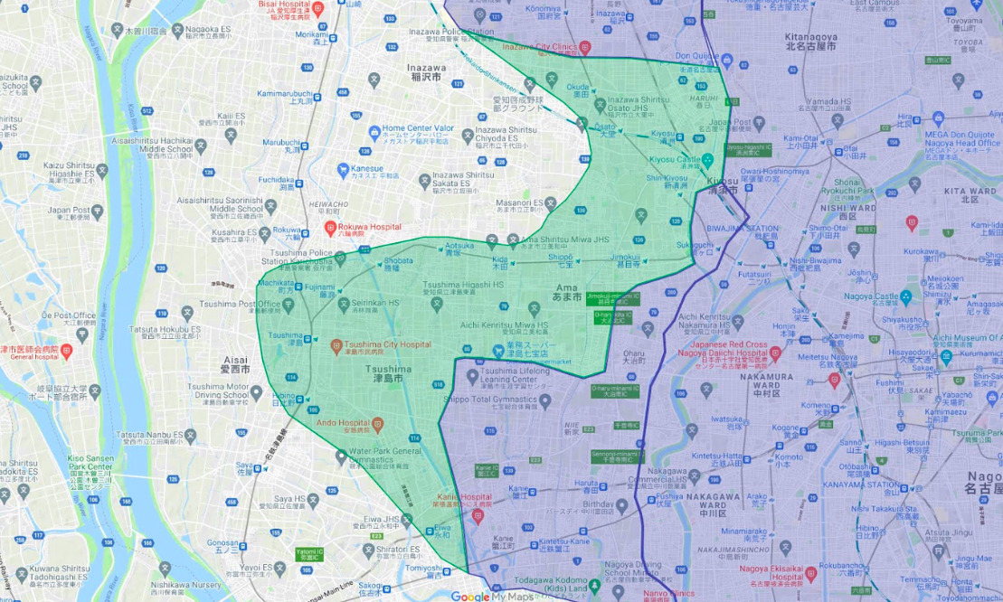 津島市エリアの範囲の地図画像
