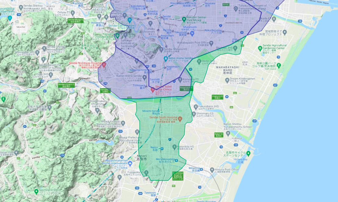 名取市エリアの範囲の地図画像