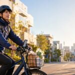 Amazon Now配達員が電動アシスト自転車で都内を配達するイメージ