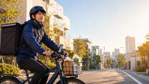Amazon Now配達員が電動アシスト自転車で都内を配達するイメージ
