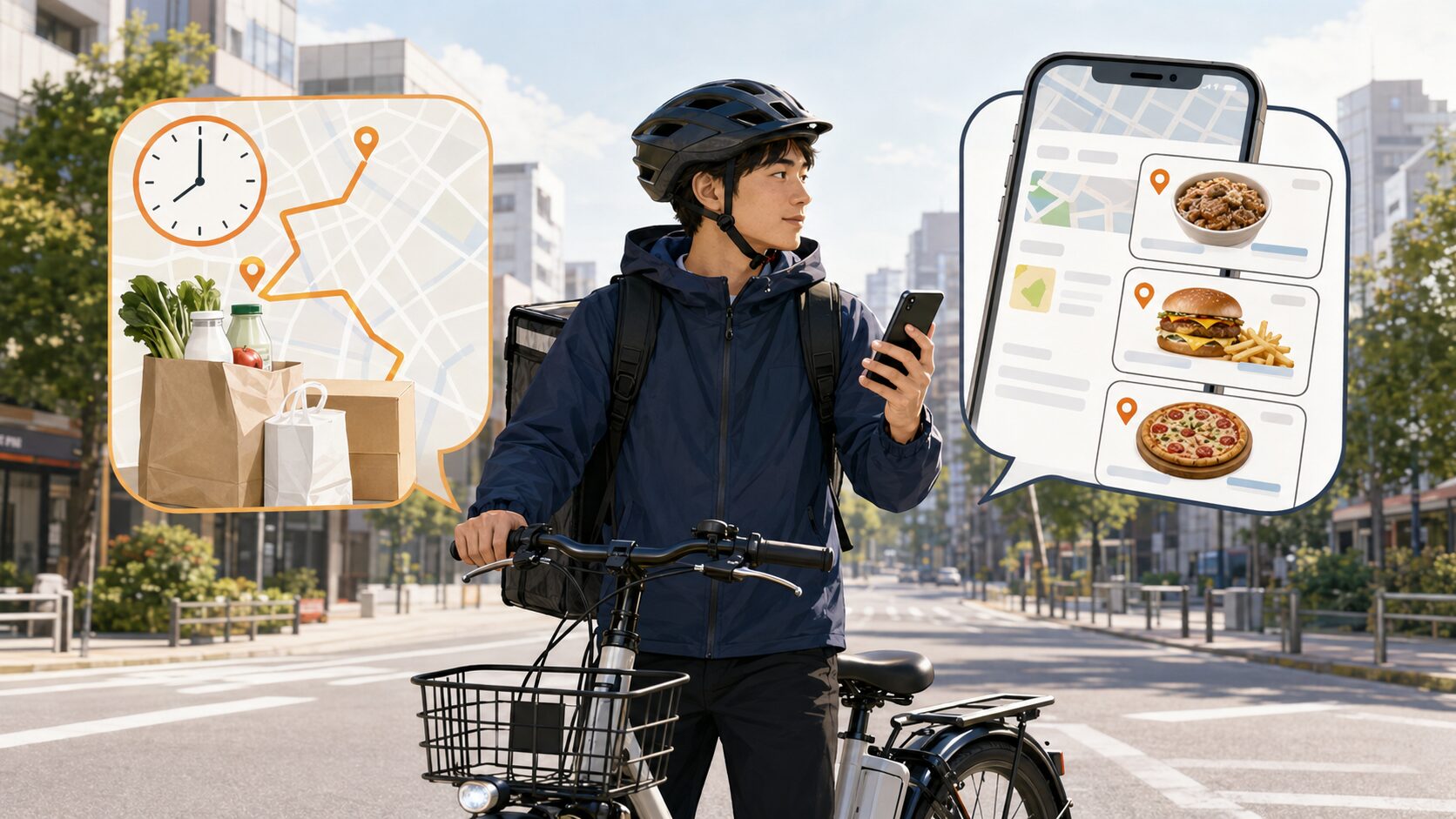 Amazon Nowとフードデリバリーの働き方を比較する自転車配達員のイメージ