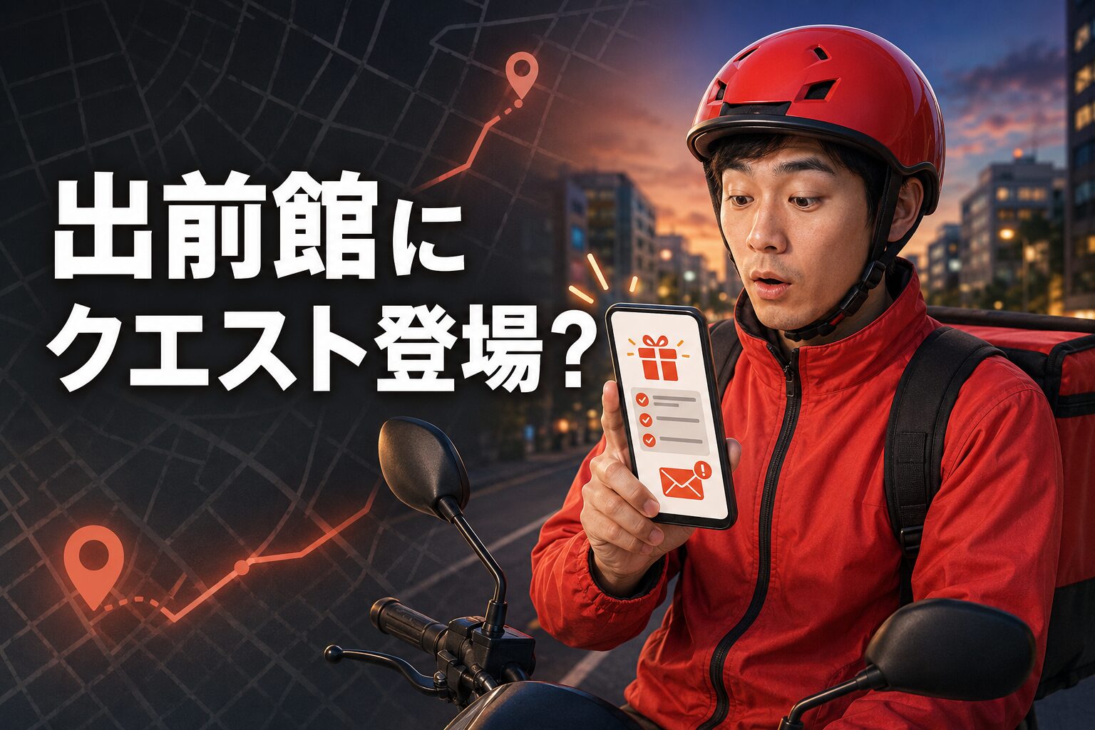 出前館にクエストが登場したことを知らせる配達員のイメージ