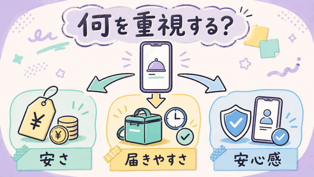 フードデリバリーを安さ・届きやすさ・安心感で選ぶ図