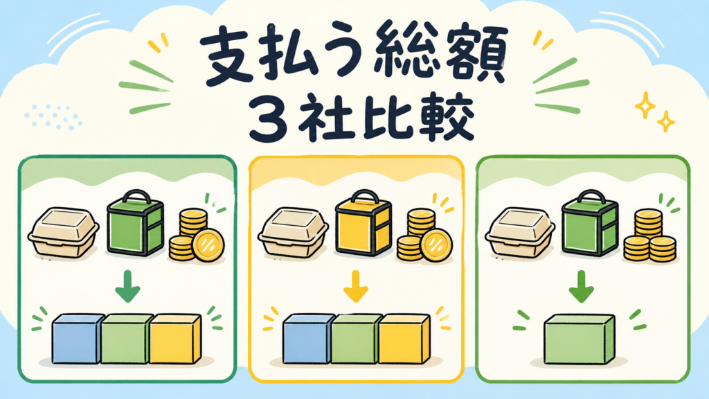 フードデリバリー3社で支払う総額の内訳を比較した図