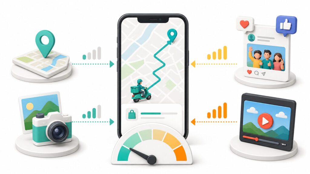Uber Eats配達アプリと地図・写真・SNS・動画の通信量イメージ