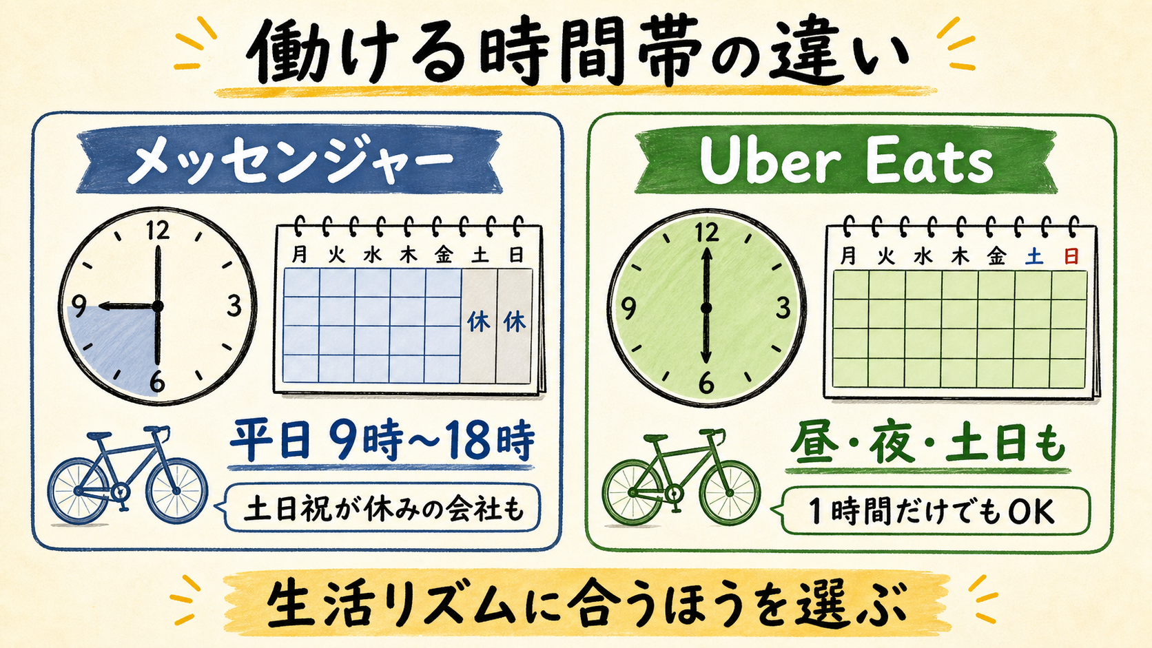 メッセンジャーとUber Eatsで働ける時間帯の違い