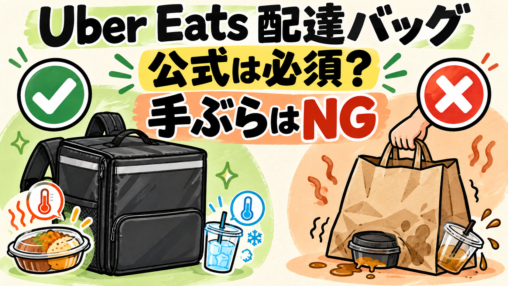 Uber Eats 配達バッグは公式必須か、手ぶらはNGと解説するアイキャッチ