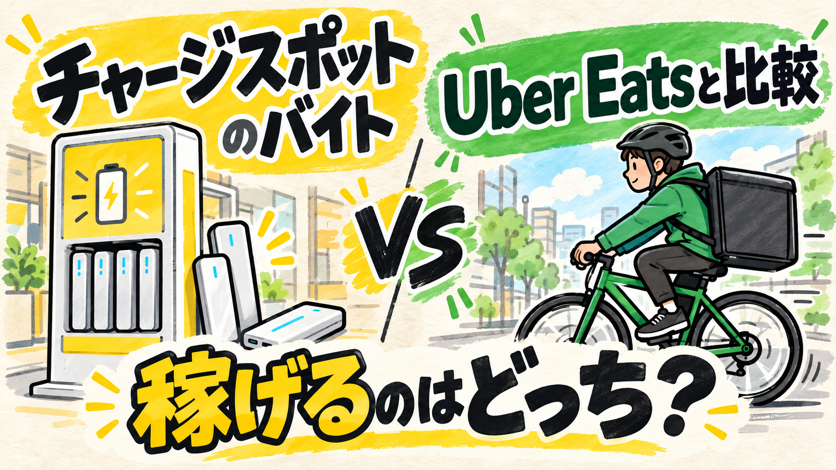 チャージスポットのバイトとUber Eatsの稼ぎ方を比較するアイキャッチ